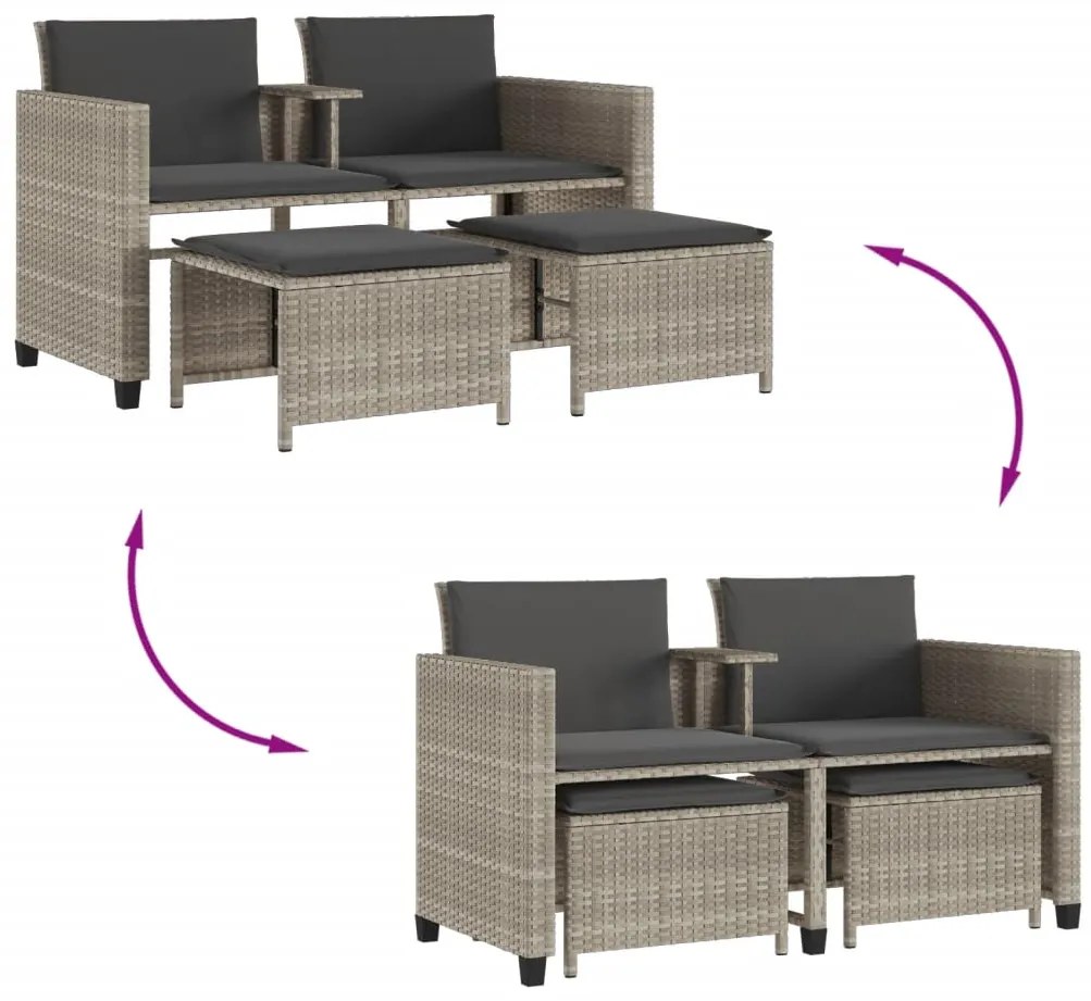 Sofá de jardim 2 lugares com mesa e bancos vime PE cinza-claro