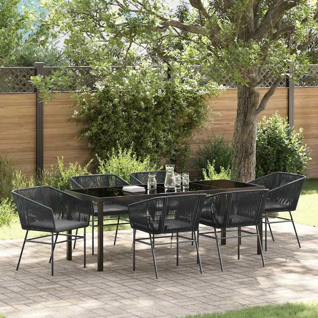 vidaXL Conjunto de Jantar de Jardim 7 Peças com Almofadas Pretas de Rattan e Poliéster.