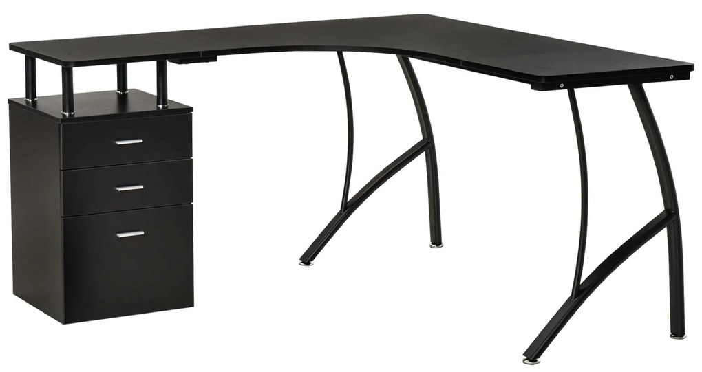 HOMCOM Secretária de Canto para Computador Mesa em Formato de L com 3 Gavetas  143,5x143,5x76cm Preto