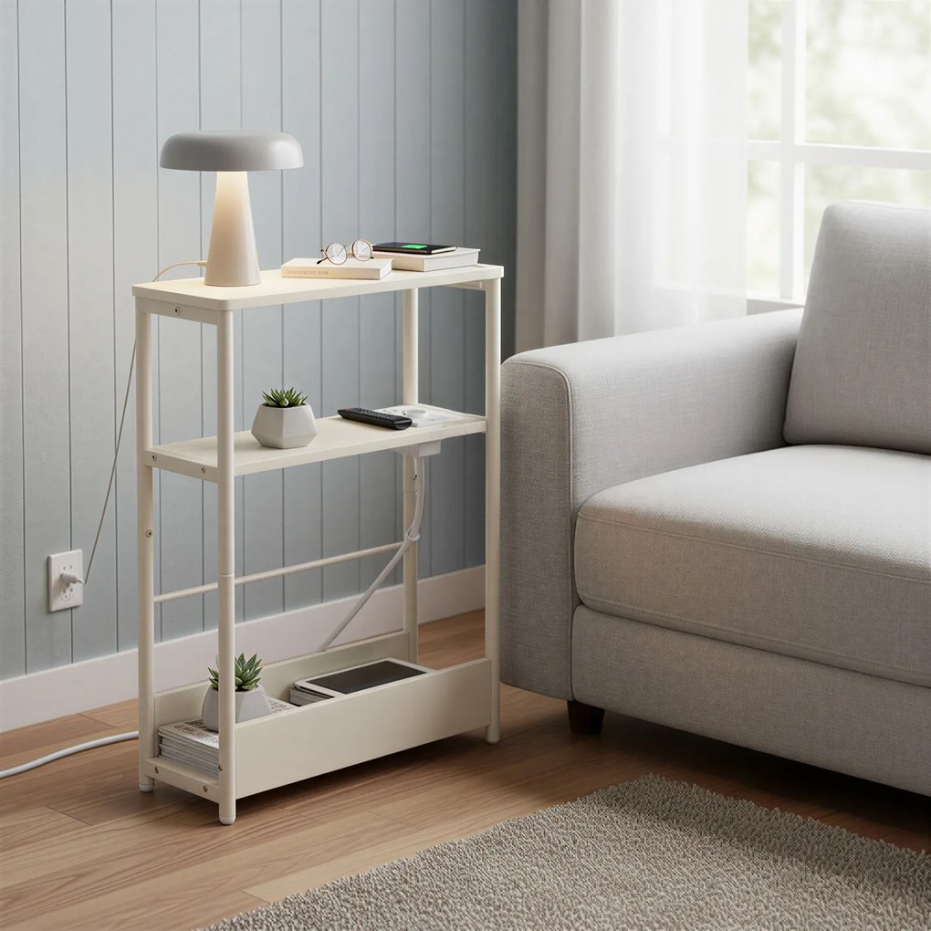 Mesa de apoio ou mesa cabeçeira estreita com 3 prateleiras com porta-revistas 18 x 45 x 58 cm branco creme