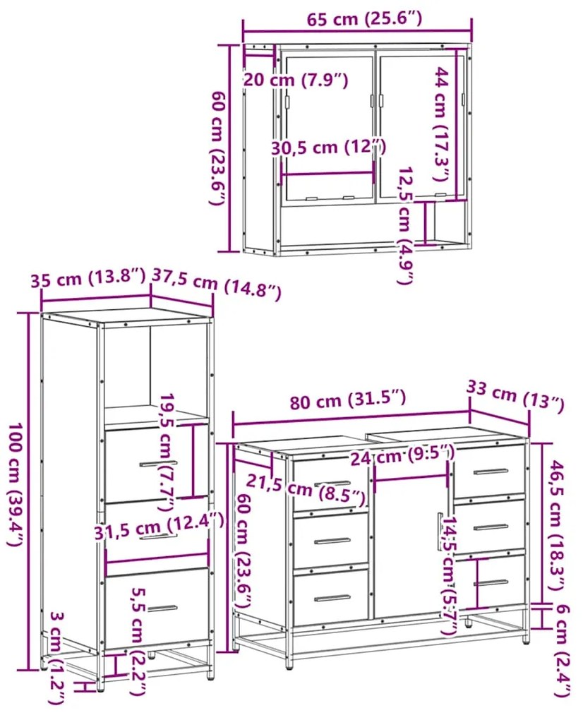 3 pcs Conjunto móveis casa de banho madeira proc. cinza sonoma