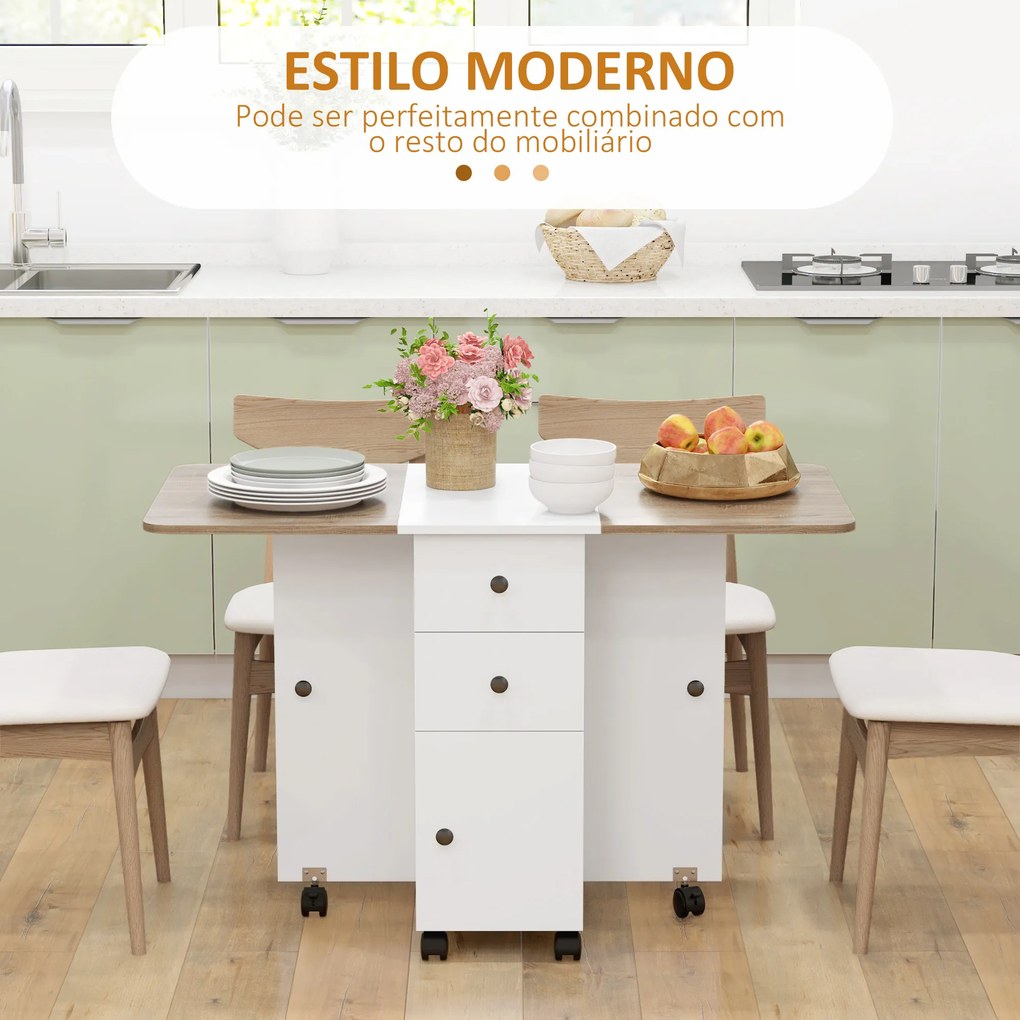 Mesa de jantar dobrável com Rodas 120x60x76,5 cm (CADEIRAS NÃO INCLUIDAS) com 2 Gavetas e Armário Mesa Auxiliar Multifuncional  Branco