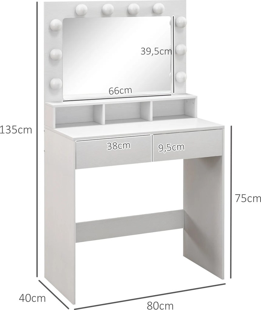 Toucador de Maquilhagem com Espelho Hollywood, 80 x 40 x 135 cm, 10 Lâmpadas com 3 Modos de Iluminação, Branco