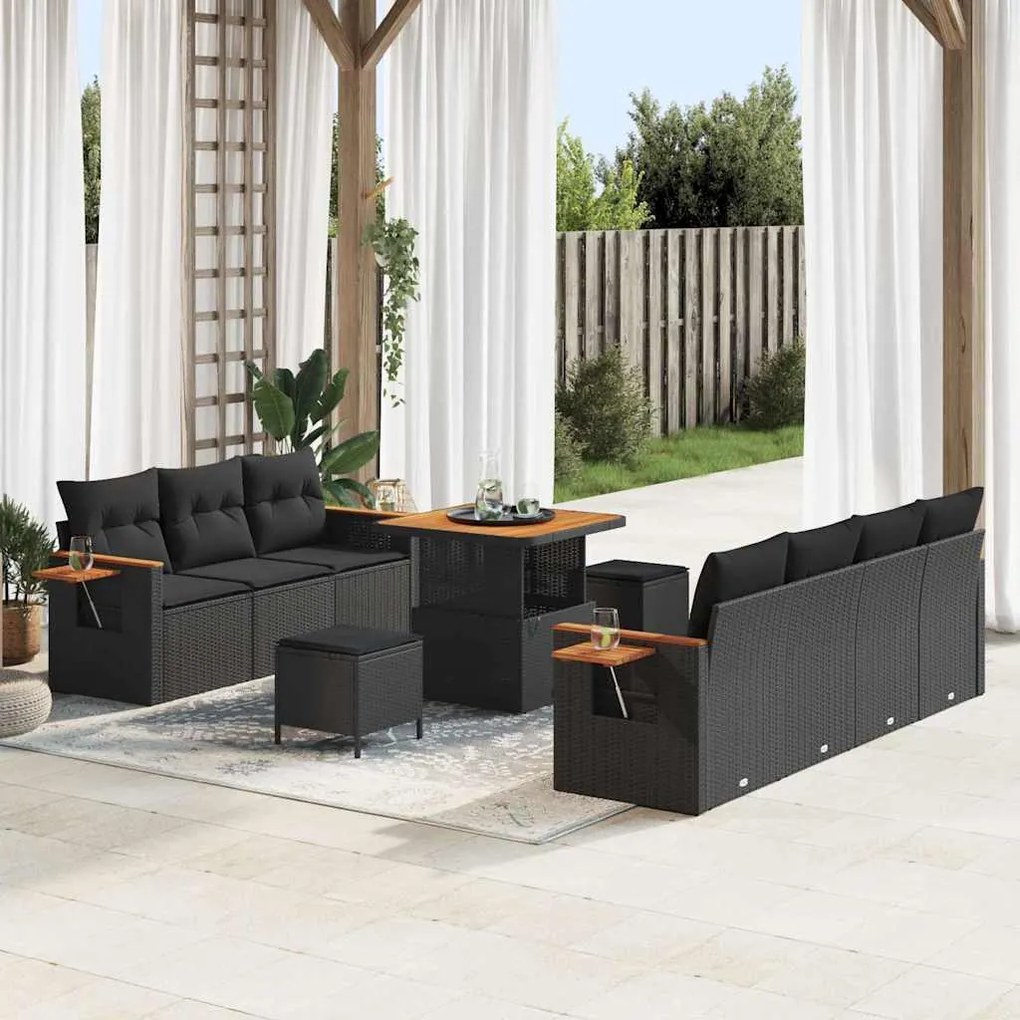 Conjunto de Sofá de Jardim de 10 Peças com Almofadas Preto Rattan Poli