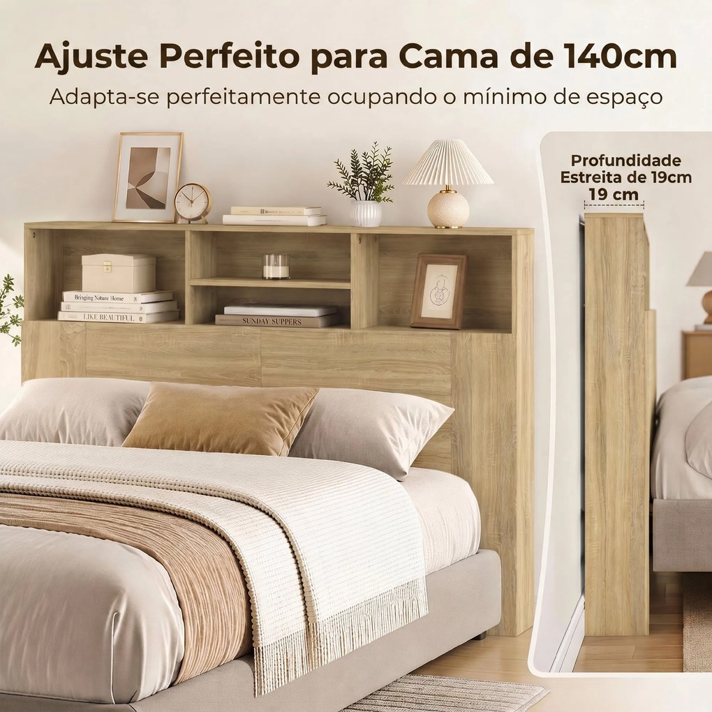 Cabeceira de Cama 140 cm com Arrumação e 4 Compartimentos Abertos, Carvalho