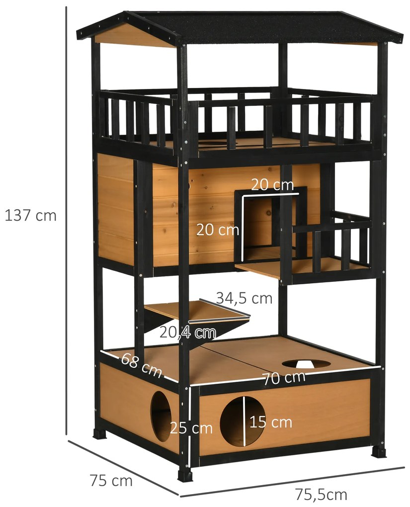 Casa para Gatos de Madeira 75,5x75x137 cm Abrigo para Gatos com Telhado Asfáltico Plataformas e Ninho Natural
