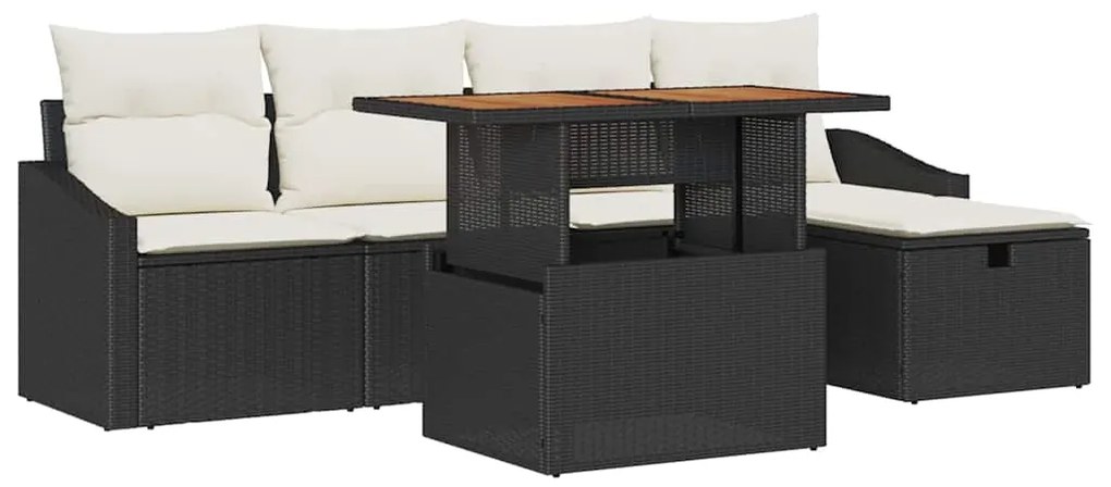 Conjunto de Sofá de Jardim de 6 Peças com Almofadas Pretas em Rattan S
