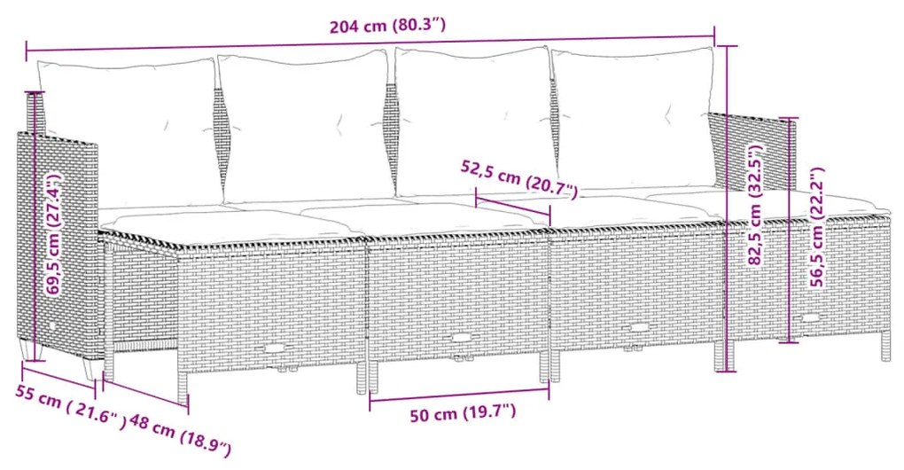 5 pcs conj. sofás jardim c/ almofadões vime PE cinzento-claro