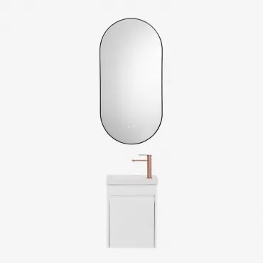 Conjunto De Móvel De Casa De Banho Suspenso Em Madeira Com Lavatório Integrado Narek Branco & Ovale Led E Antifog Preto 50x100 Cm - Sklum