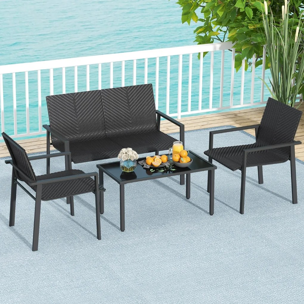 Conjunto de móveis jardim de 4 peças com estrutura metálica galvanizada robusta em vime Preto