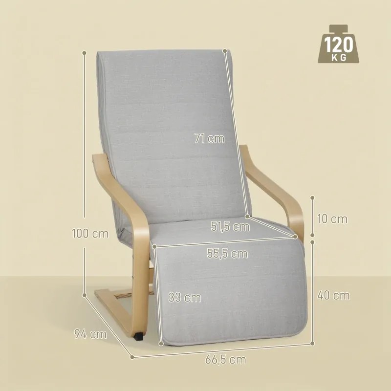 Poltrona Relax com Apoio para os Pés Ajustáveis Poltrona Estofada em Tecido com Estrutura de Madeira 66,5x94x100 cm Cinza Claro