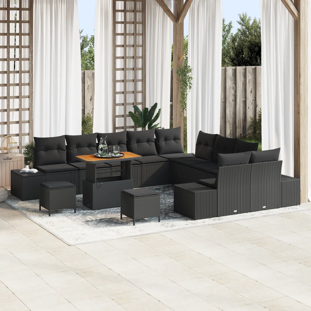 Conjunto de Sofá de Jardim vidaXL 13 Peças com Almofadas Preto Poli Ra
