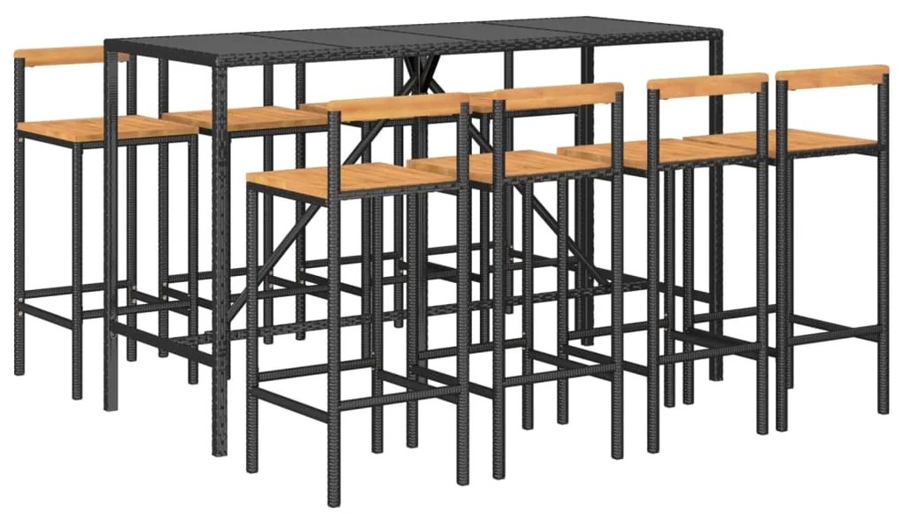 9 pcs conjunto de bar p/ jardim vime PE/acácia maciça preto