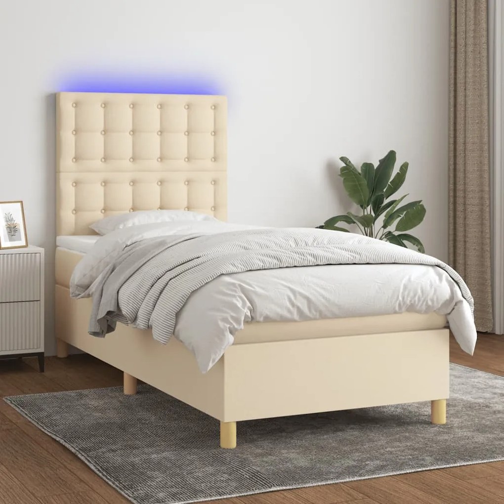 Cama box spring c/ colchão e LED 100x200 cm tecido cor creme