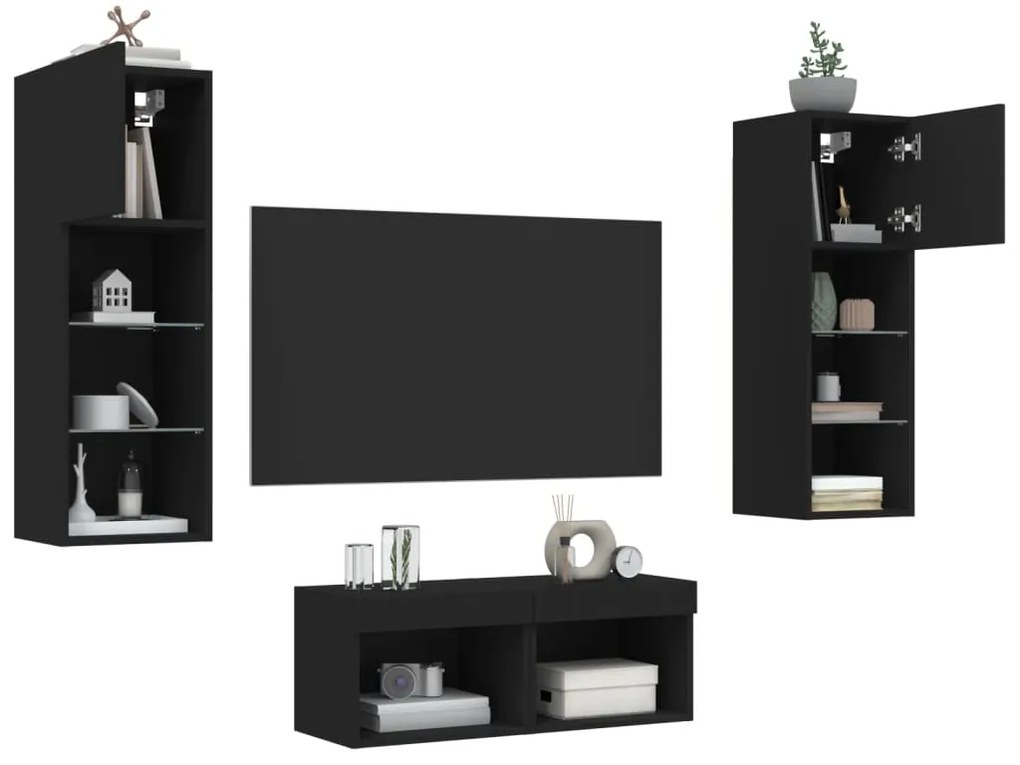 vidaXL 4 pcs móveis de parede para TV com luzes LED preto