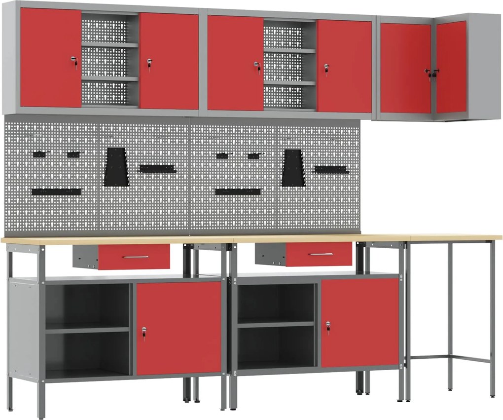 vidaXL Conjunto de Armários de Trabalho Manual 10 pcs Vermelho e Cinza