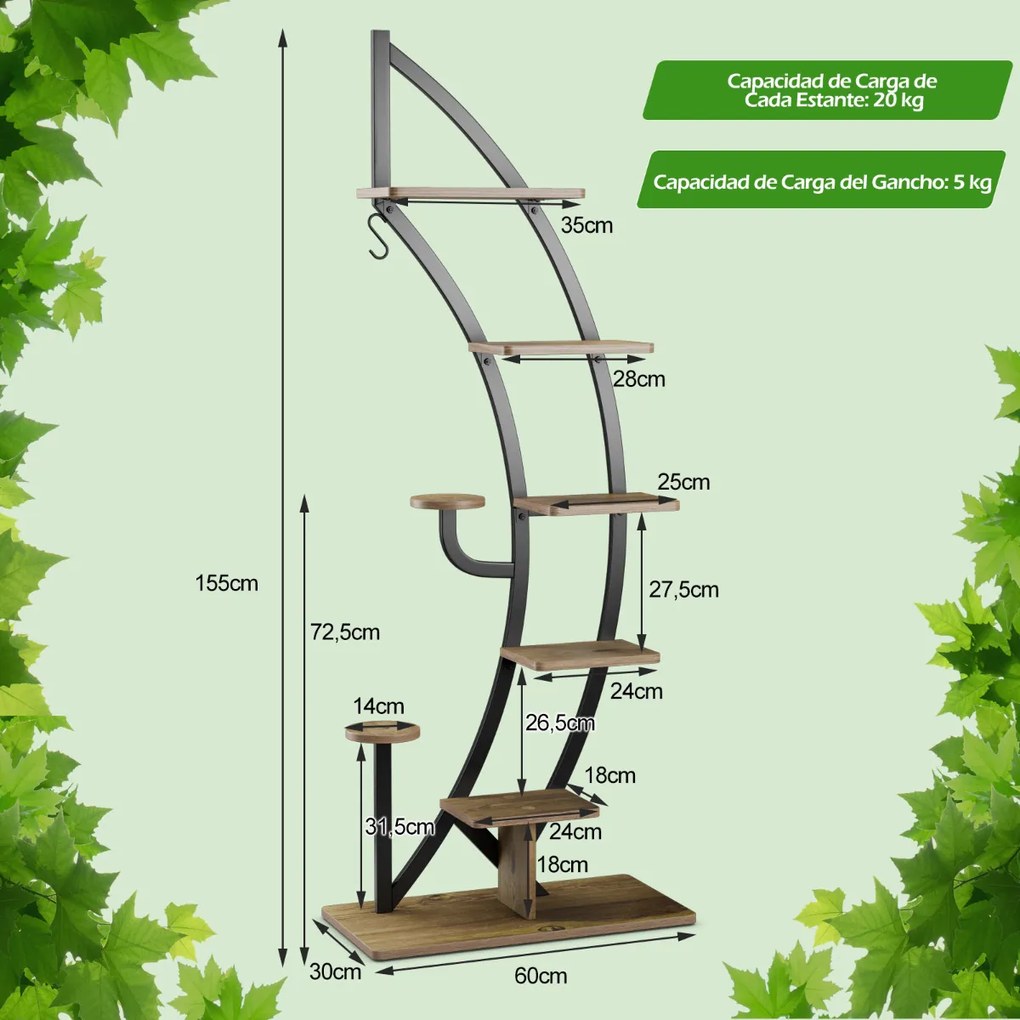 Conjunto de 2 Estantes Metálicas para Plantas 7 Níveis em Forma de Crescente Curvo com Gancho para Varanda 60x30x155 cm Natural