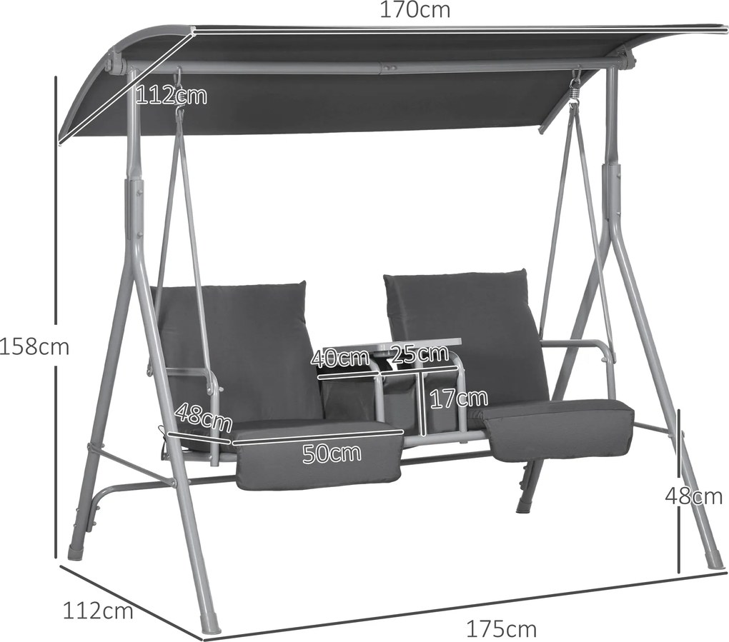 Baloiço de jardim de 2 lugares com toldo inclinável, tabuleiro central e 2 suportes para copos – 175 x 112 x 158 cm – cinzento