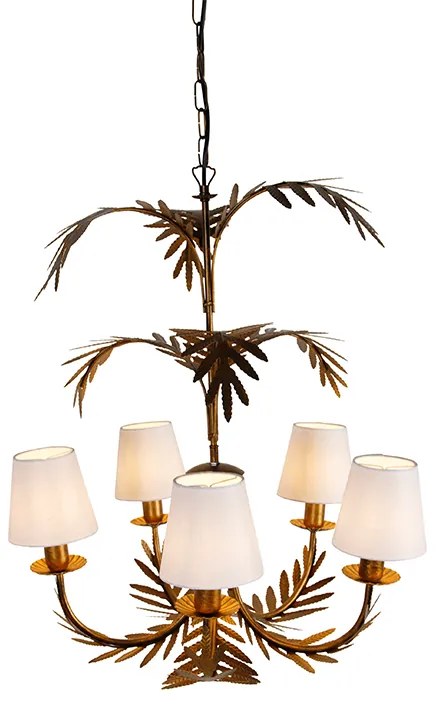 Candeeiro de teto dourado com abajures de linho branco 5 luzes - Botanica Rústico