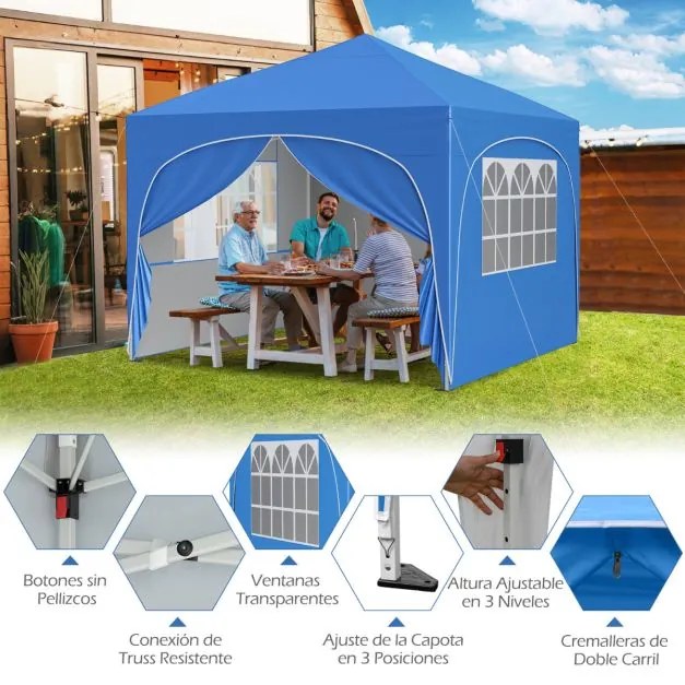 Tenda Jardim, festas, eventos de 3 x 3 m com 4 x sacos de areia e 4 paredes laterais removíveis Inclui bolsa de transporte com rodas 8 estacas Azuis