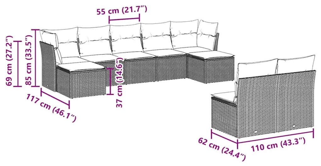 9 pcs conjunto sofás p/ jardim c/ almofadões vime PE castanho