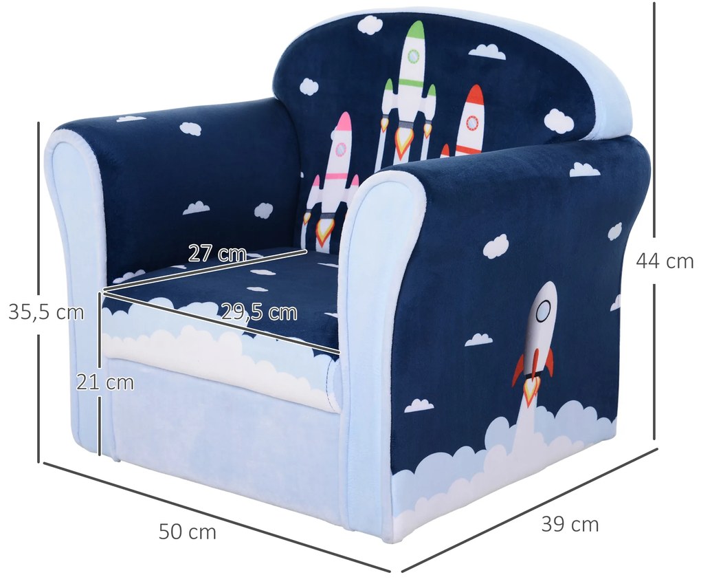 HOMCOM Poltrona para Crianças acima de 3 Anos com Desenhos de Foguete Estrutura de Madeira e Estofado em Flanela 50x39x44 cm Azul