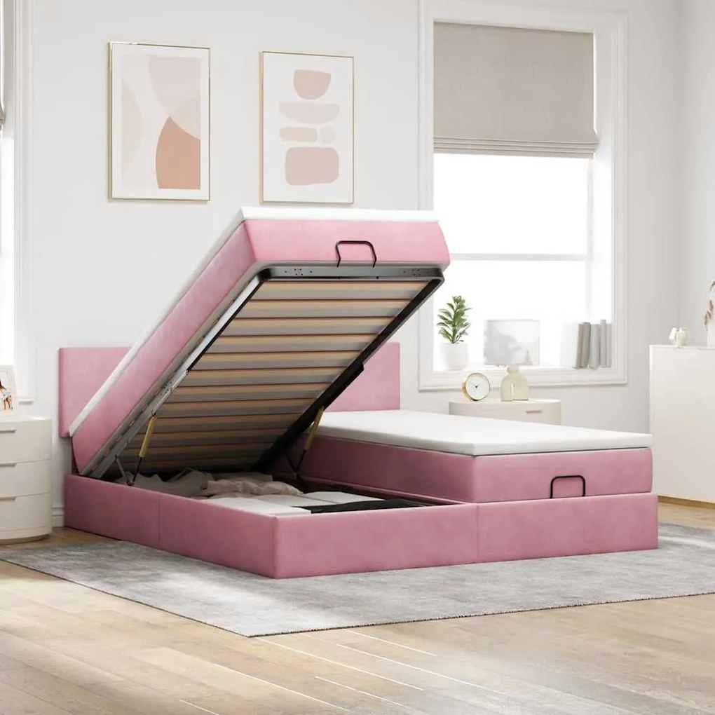 vidaXL Estrutura de cama otomana com colchões 180x200 cm veludo rosa