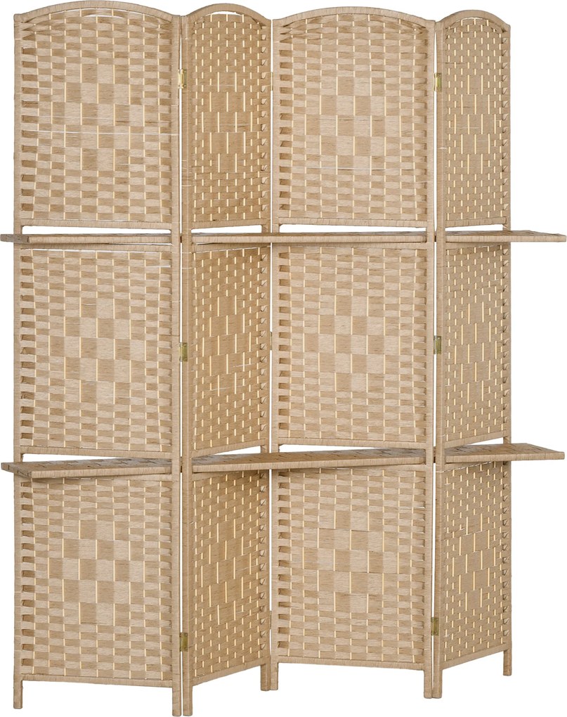 Biombo de 4 Painéis 160x170 cm Separador de Ambientes Dobrável com 2 Prateleiras de Exibição para Escritório Quarto Natural