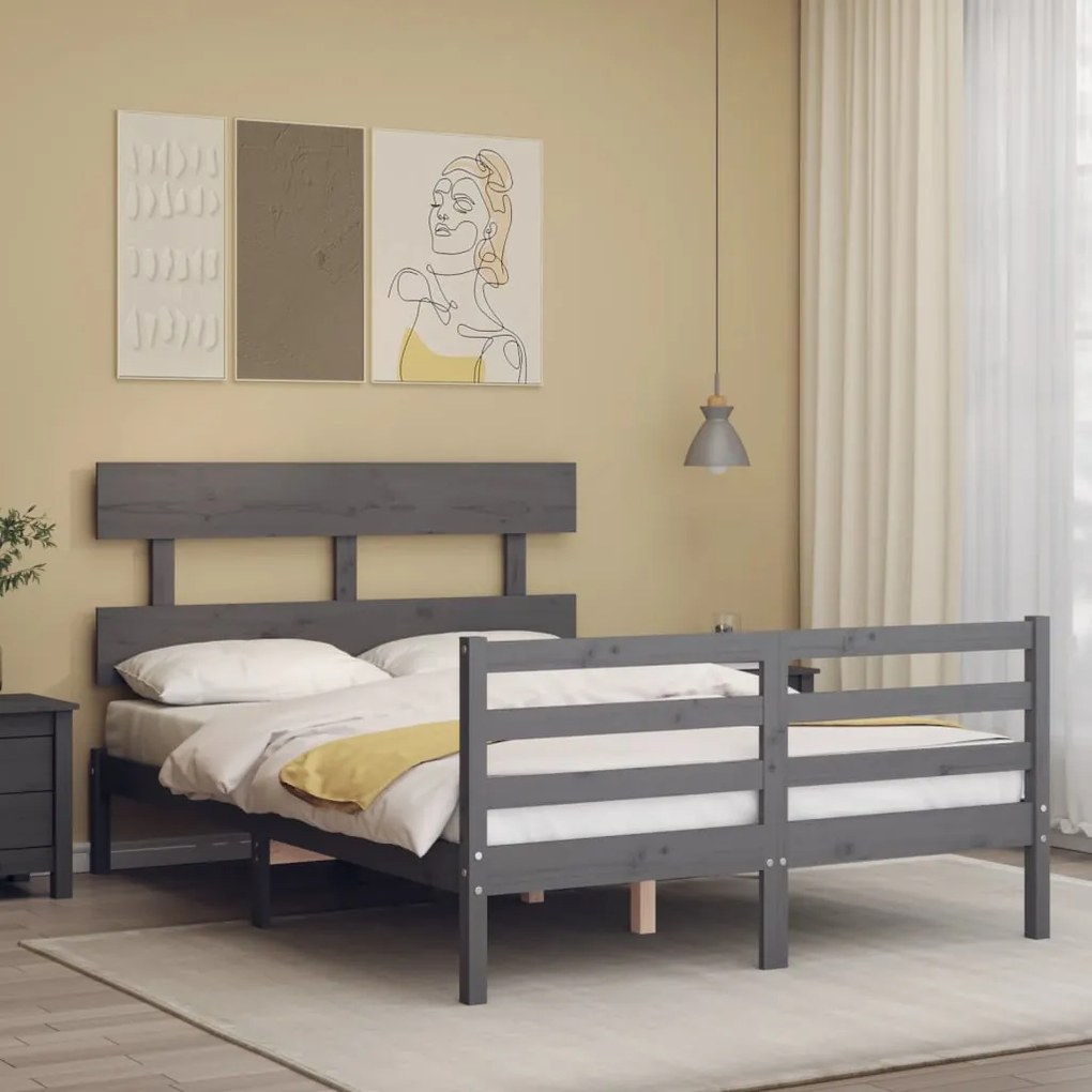 Estrutura de cama de casal c/ cabeceira madeira maciça cinzento