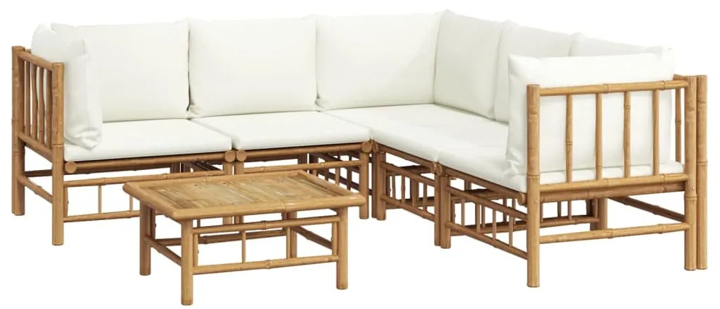 6 pcs conjunto lounge de jardim bambu c/ almofadões branco nata
