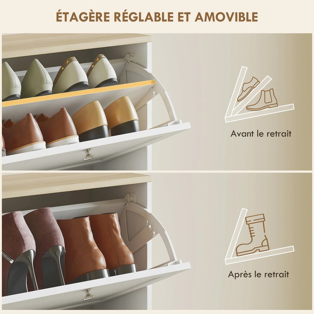 Sapateira com capacidade 60 x 23,5 x 153 cm para 24 pares, com 4 gavetas rebatíveis e prateleiras ajustáveis, branco