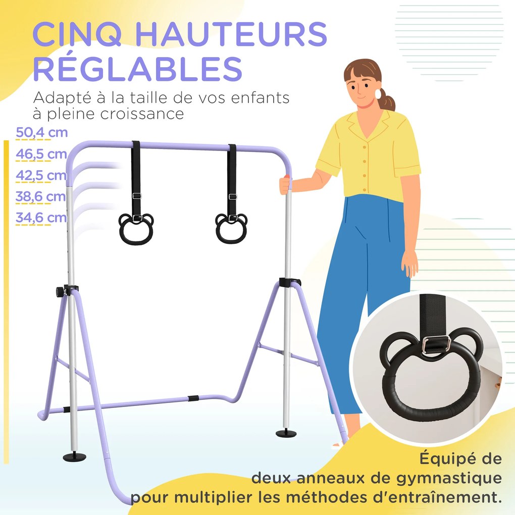 Barra de ginástica para crianças, barra horizontal dobrável com altura ajustável e argolas de ginástica, roxa