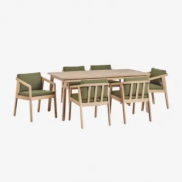 Conjunto De Mesa Retangular (180x90 Cm) E 6 Cadeiras De Jantar Em Madeira De Acácia Kaela Bouclé Verde Exército - Sklum