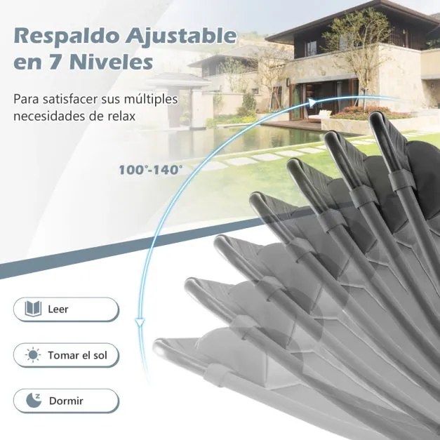 Conjunto de 2 cadeiras de jardim dobráveis para pátio com braços largos, encosto de 7 níveis, assento respirável e estrutura metálica cinzenta