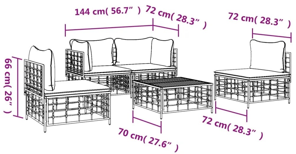 5 pcs conjunto lounge de jardim c/ almofadões vime PE antracite