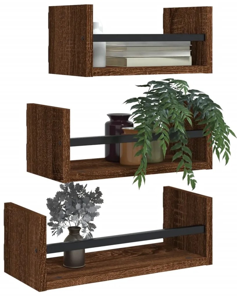 3pcs prateleiras c/ barras derivados madeira carvalho castanho