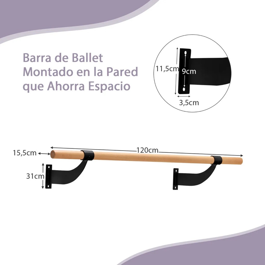 Barra de Ballet de Parede Única 120 cm Barra de Dança de Madeira Altura Fixa para Yoga Along Academia Dança Preto