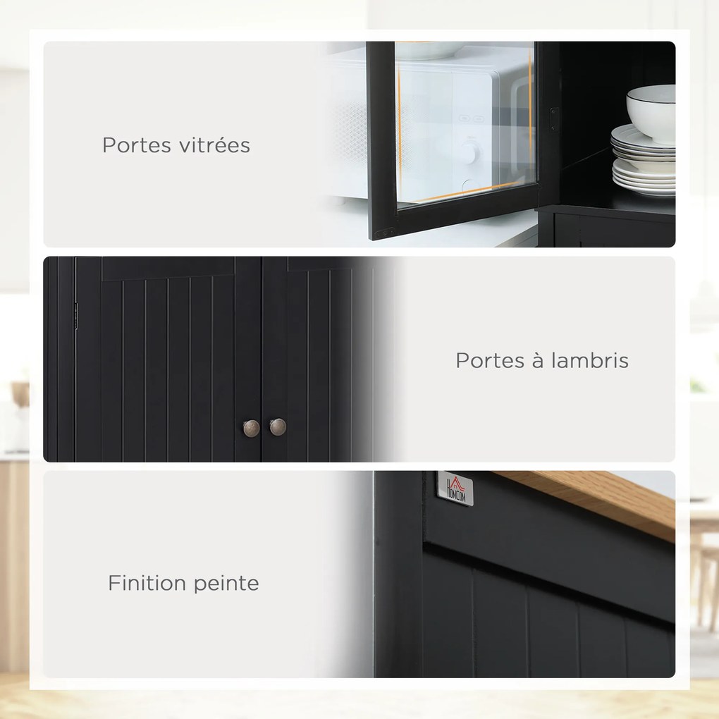 Aparador de cozinha com armário de arrumação, 4 portas (das quais 2 com vidro) e 1 gaveta, prateleiras ajustáveis - preto