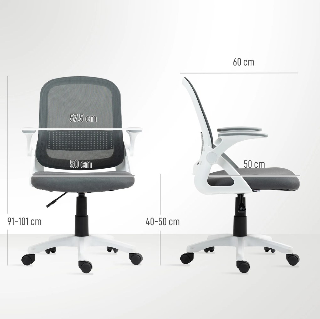 Cadeira de escritório ergonómica, em malha com braços rebatíveis, altura ajustável, cinzenta