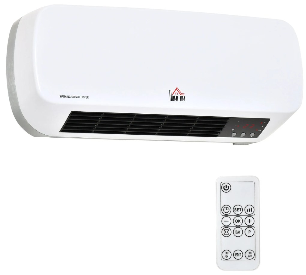 HOMCOM Aquecedor Cerâmico de Parede 1000W/2000W com Controle Remoto 3 Modos de Aquecimento Temporizador de 12h Termostato e Proteção contra Superaquecimento 45x18,6x11,5cm Branco