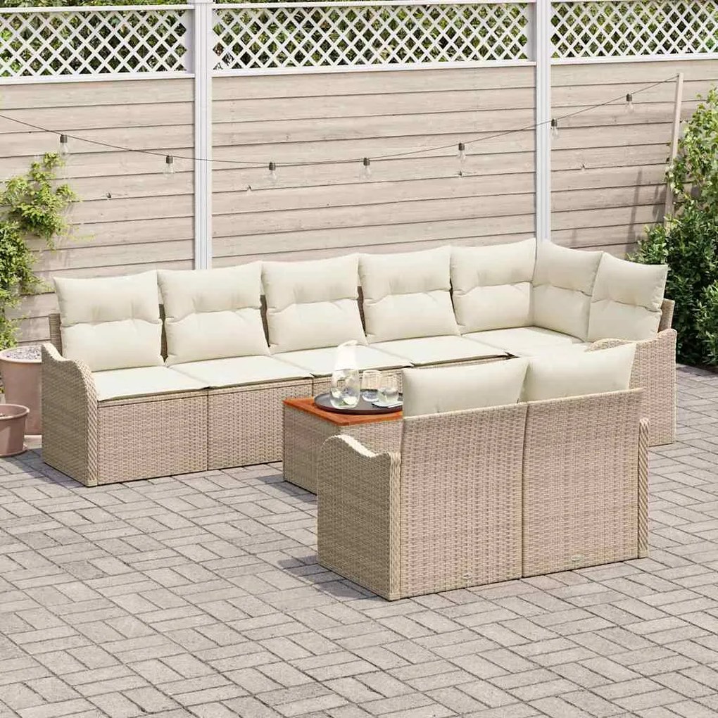 Conjunto de Sofá de Jardim de 9 Peças com Almofadas Bege Vime PE Acáci