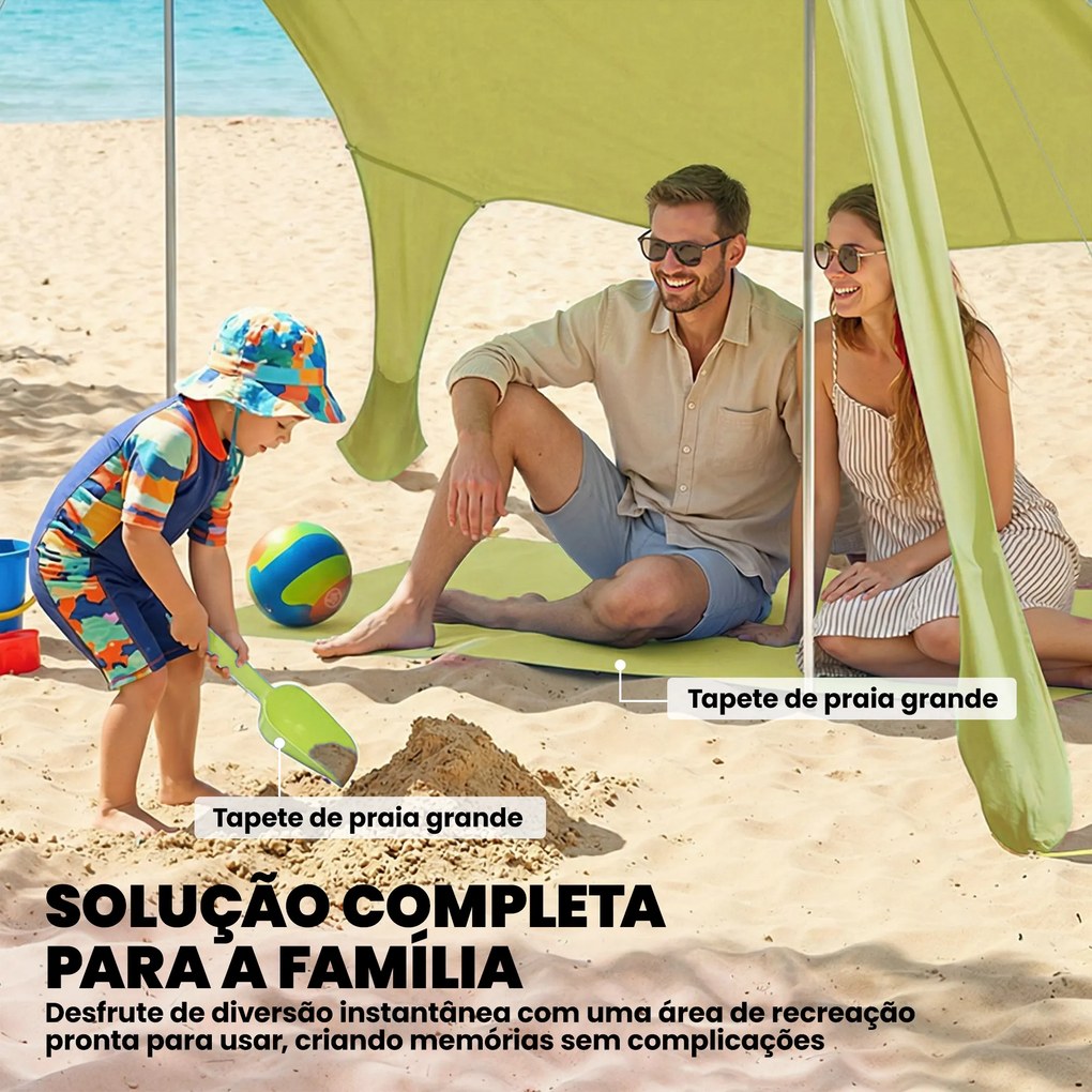 Tenda de Praia Dobrável com Tapete UPF50+ Postes de Alumínio Pá Estacas e Bolsa de Transporte 208x200 cm Verde
