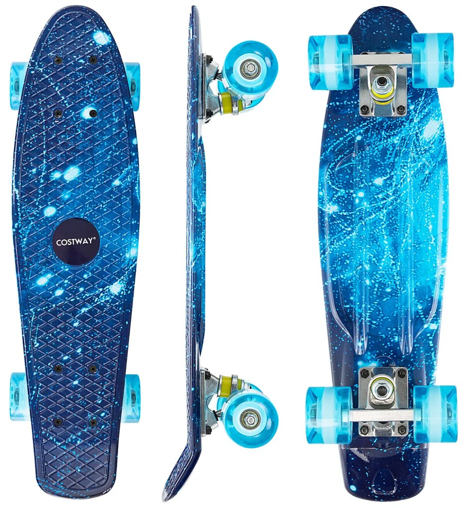 Mini Skate 56 cm Skate Completo com Rodas PU Silent Roll Galaxy Padrão para Iniciantes Crianças 6+ Anos Azul