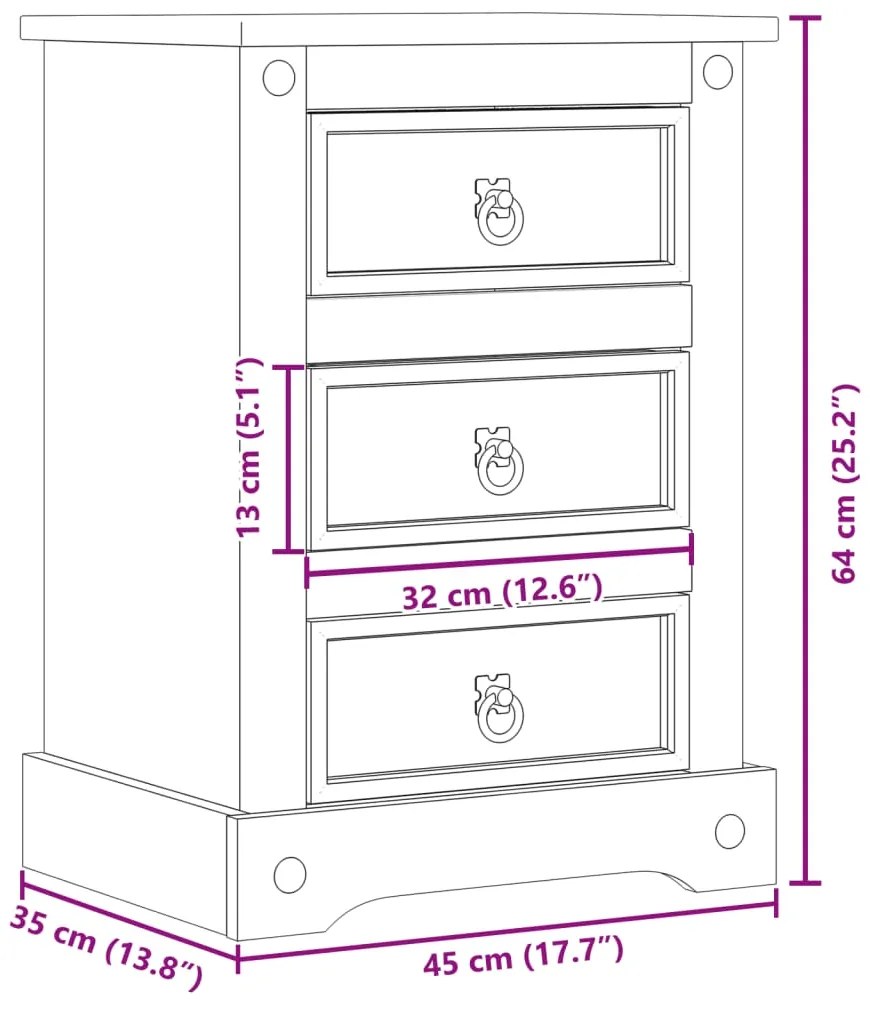 Mesa de cabeceira Corona 45x35x64 cm madeira de pinho maciça