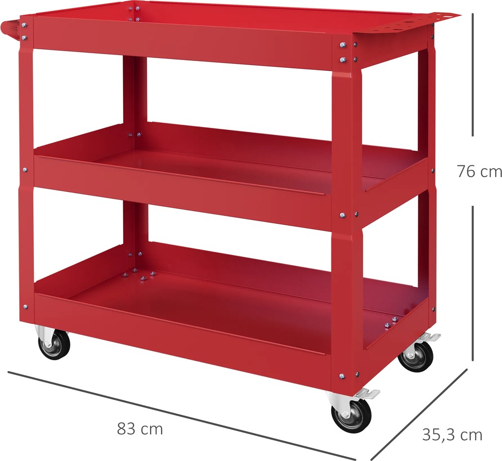 Carrinho de Ferramentas com Rodas 3 Prateleiras de Armazenamento e Alça Lateral 83x35,3x76 cm Vermelho