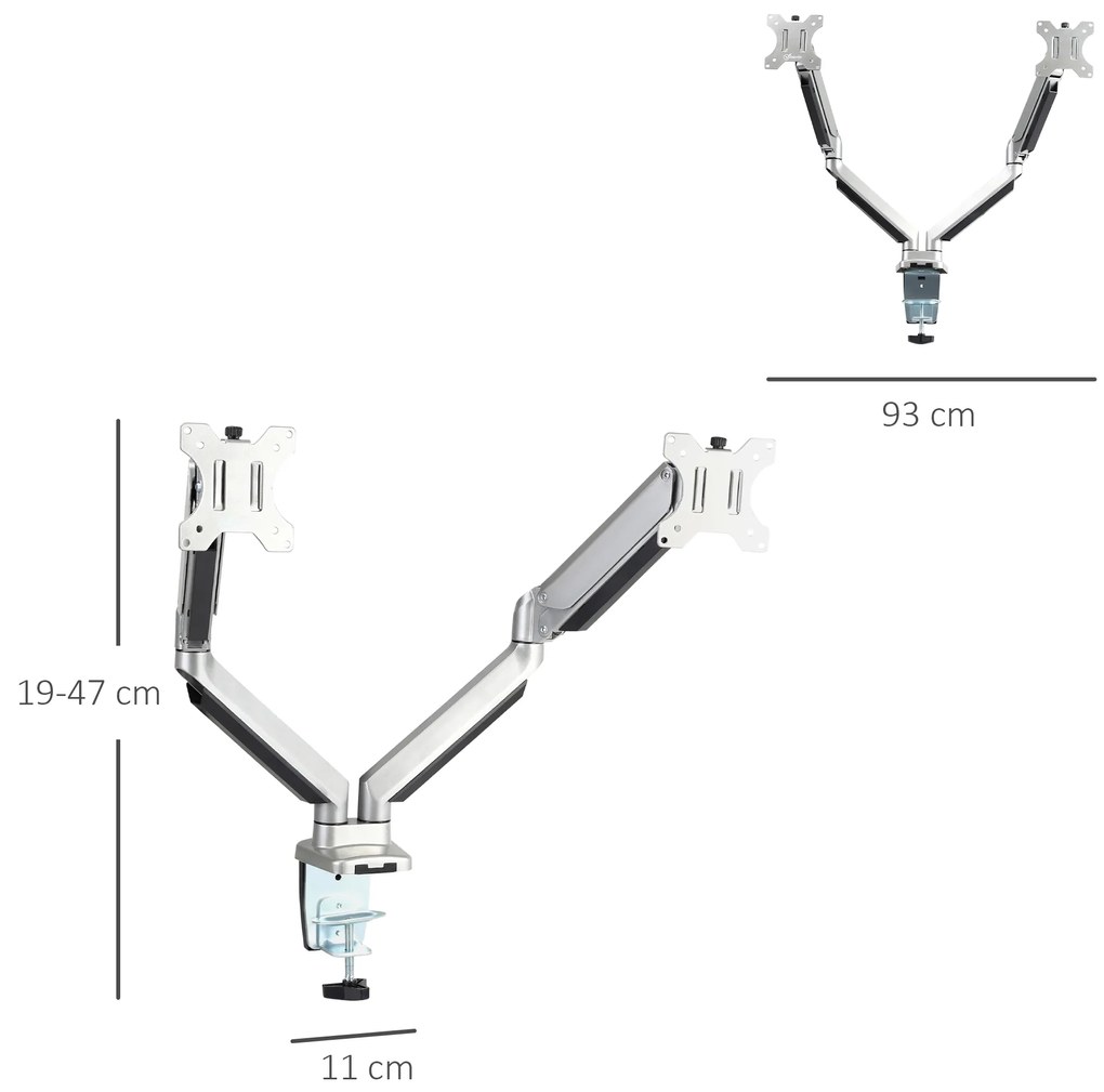 Vinsetto Suporte para Monitor Duplo para Telas LED LCD de 13"-32" Polegadas VESA 75/100mm com Braçadeira Ajustável Giratório 360° e 2 Opções de Montagem 93x11x47cm Prata