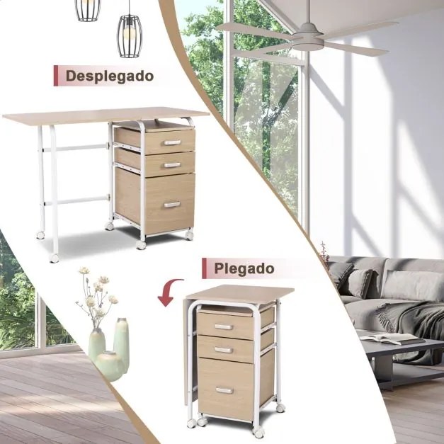 Secretária dobrável para computador com 3 gavetas de arrumação e rodas bloqueáveis 105 x 50 x 74 cm Natural