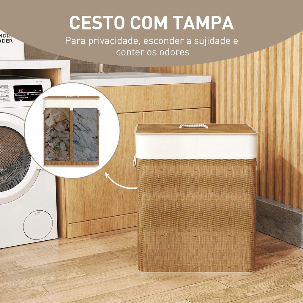 Cesto de Roupa com Tampa 100L de Bambu com 2 Compartimentos Bolsa Interior Amóvivel 52x32x63 cm Castanho e Creme