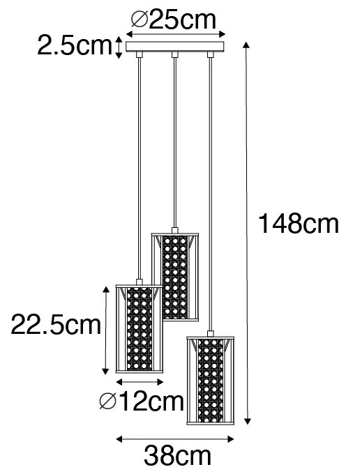 Candeeiro suspenso retro preto com vime 3 luzes redondas - Akira Retro