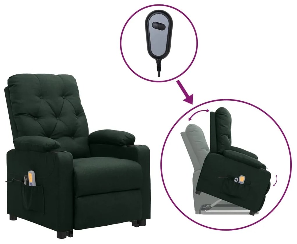 vidaXL Poltrona elevatória de massagens tecido verde-escuro